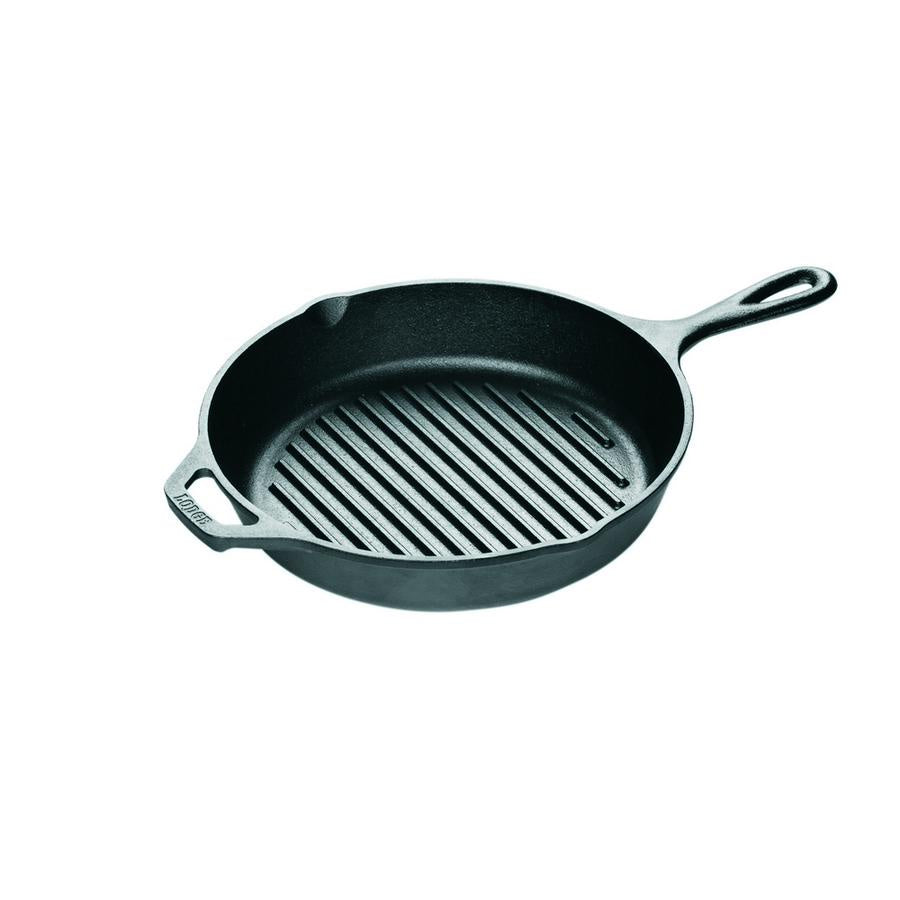 Lodge round grill pan, 26cm, in black cast iron with ridged lines
