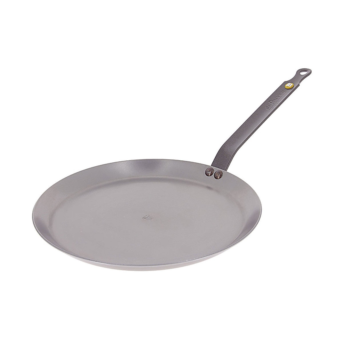 De Buyer Mineral B crepe pan in carbon steel with a riveted handle