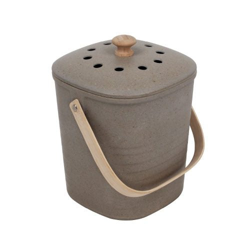 White Magic Eco Basics compost kitchen waste bin in stone grey with a vented lid and a bamboo handle