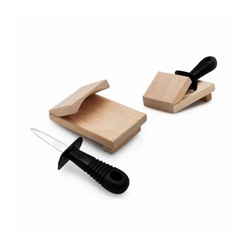 Andre Verdier Laguiole oyster shucker with a black handle, shown with a wooden holding block