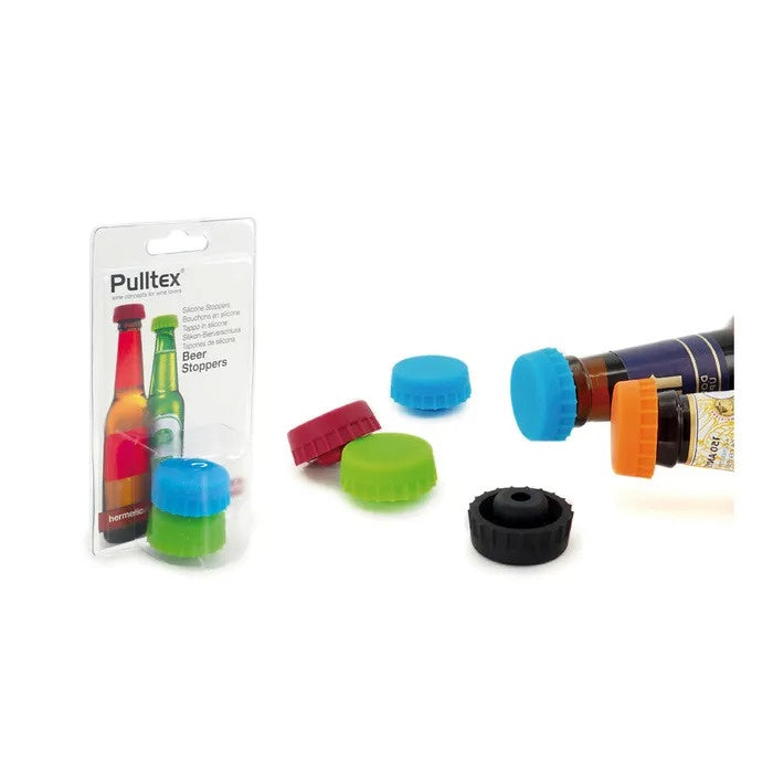 Pulltex beer stoppers, a set of assorted colours shown on their retail card
