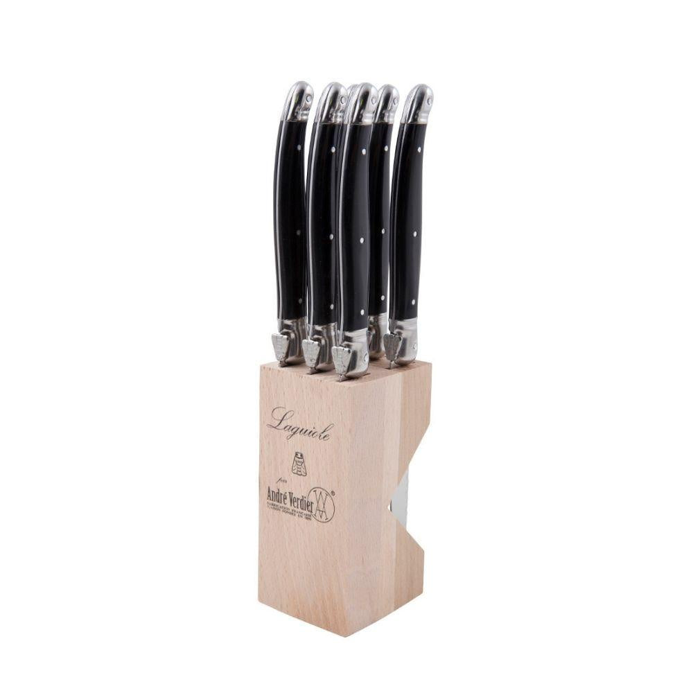 Andre Verdier Laguiole six piece steak knife set with black handles in a pale wood block