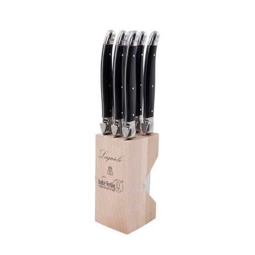 Andre Verdier Laguiole six piece steak knife set with black handles in a pale wood block