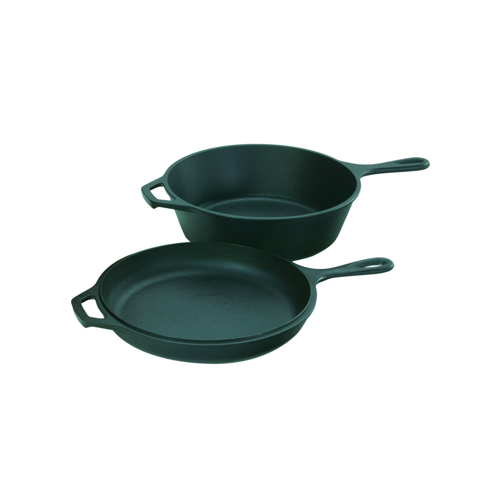 Lodge combo cooker, 26cm, in dark green with a deep pan and a skillet lid