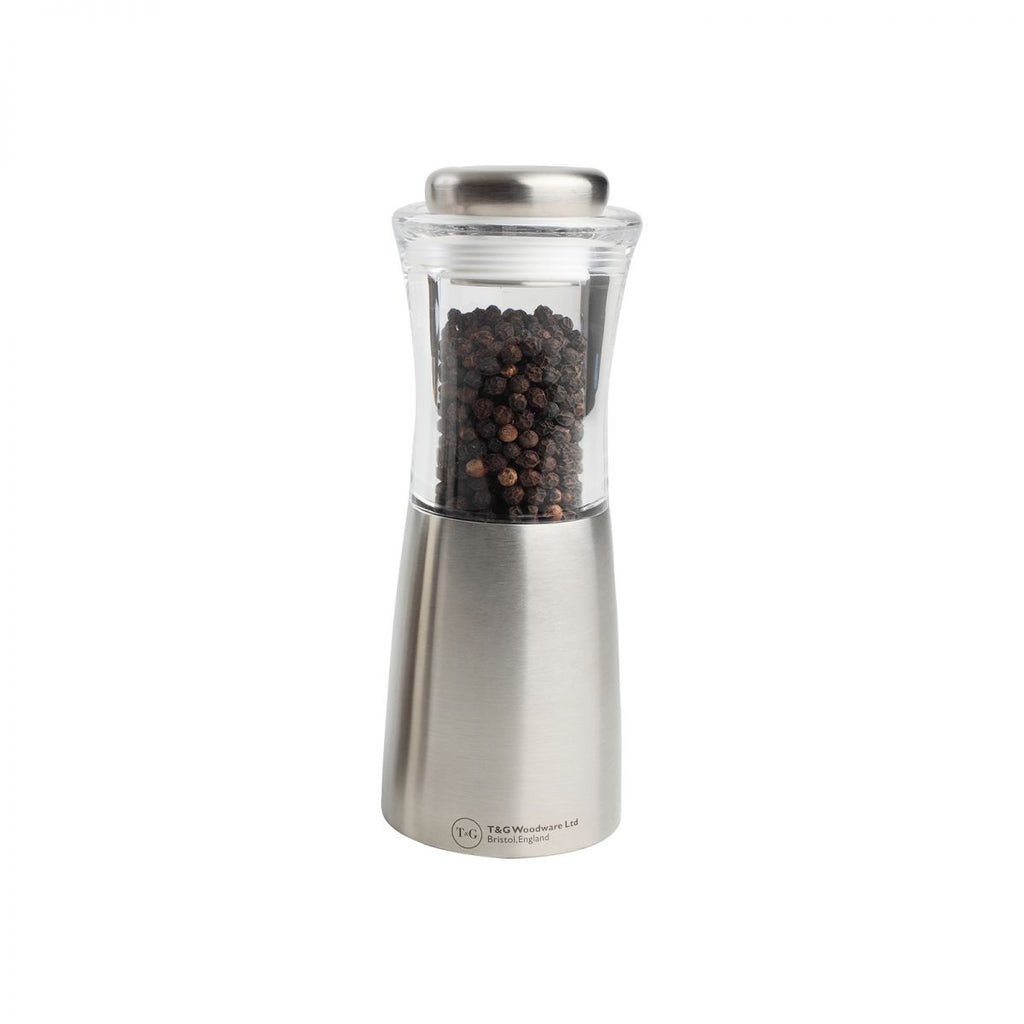T & G Apollo pepper mill in stainless steel and acrylic, filled with black peppercorns