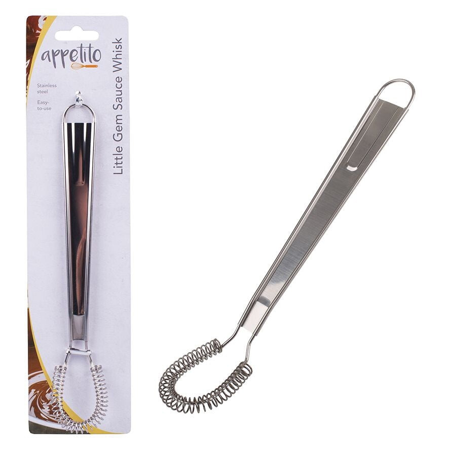 Appetito Little Gem sauce whisk with a coiled wire tip, shown on its retail card