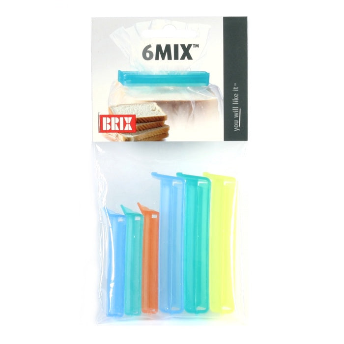 Brix 6Mix bag closures, six clips in blue, green, orange and yellow on a retail card