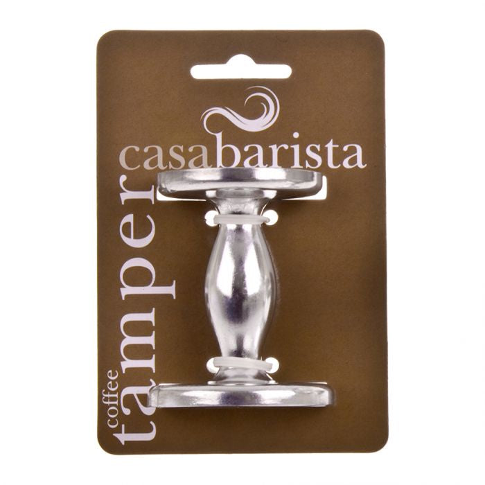 Casabarista aluminium dual coffee tamper, shown on its retail card