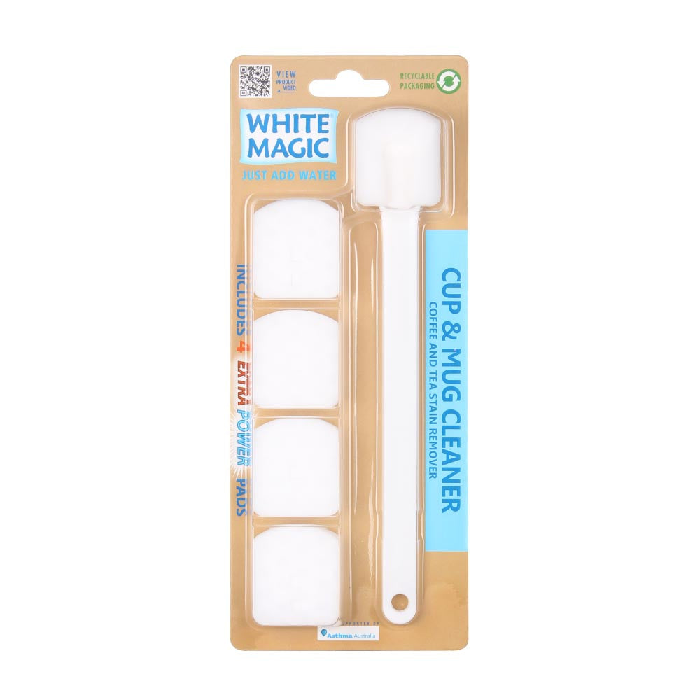 White Magic cup and mug cleaner, a sponge on a long handle with extra pads, on its retail card