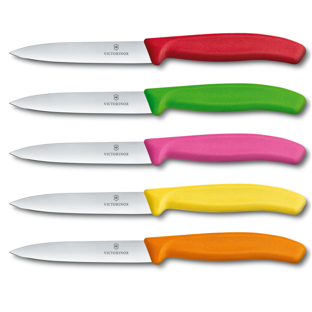 Victorinox Swiss Classic 10cm paring knives with red, green, pink, yellow and orange handles