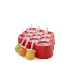 Zoku Mini Pops red mould tray with small white sticks and three coloured mini ice pops
