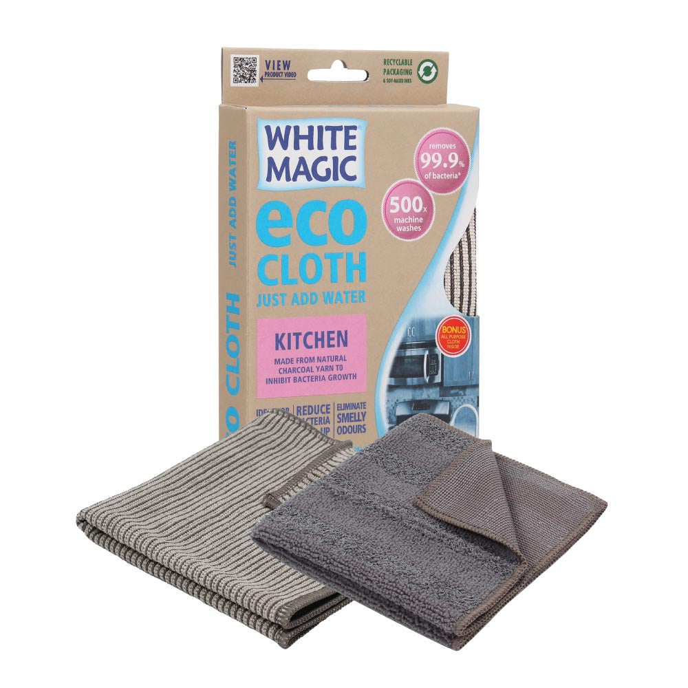 White Magic Eco Cloth Kitchen pack with a striped and a grey microfibre cloth and their box
