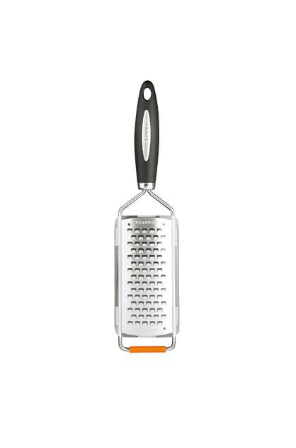 Scanpan coarse utility grater with a black handle and an orange base tip