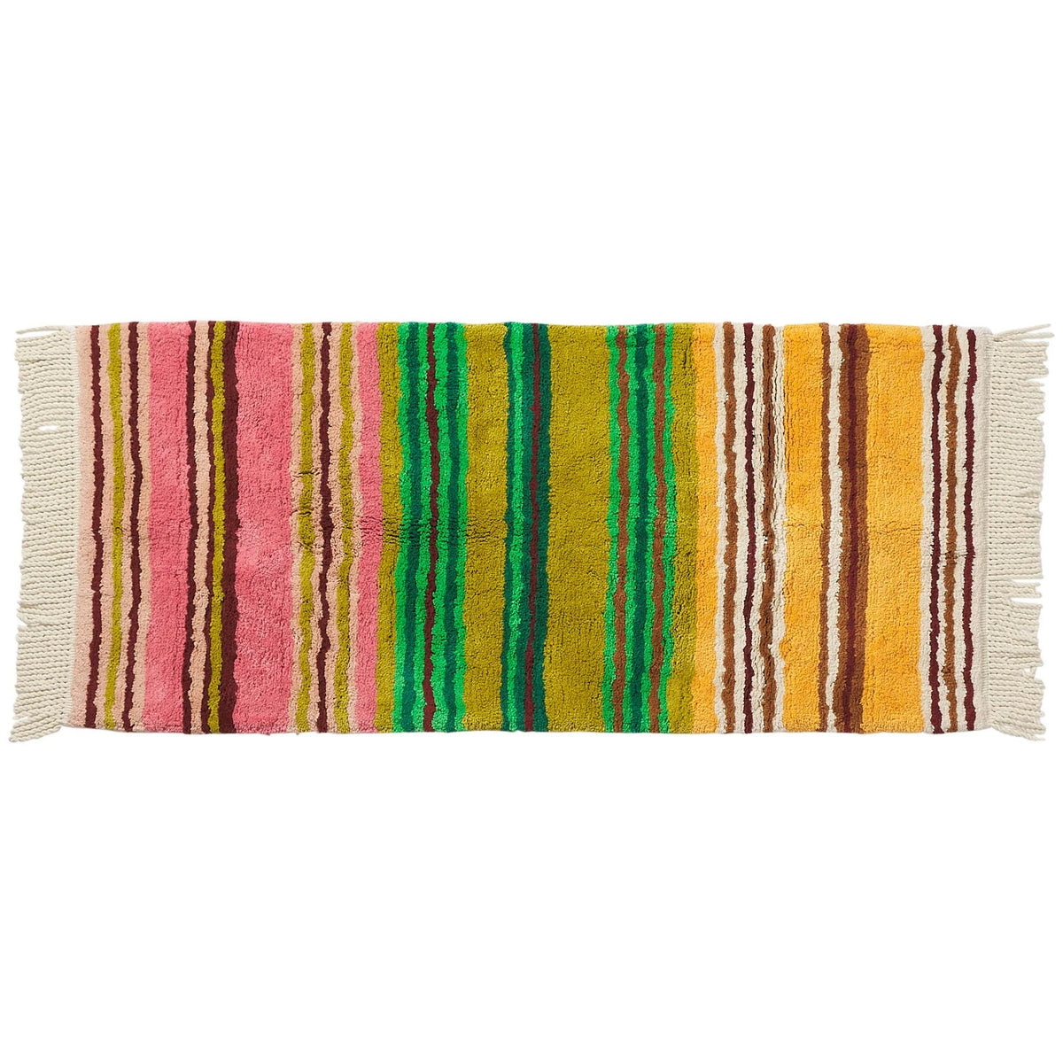 Sage & Clare Nicolette bath runner in a multicoloured stripe of pink, green, orange and brown