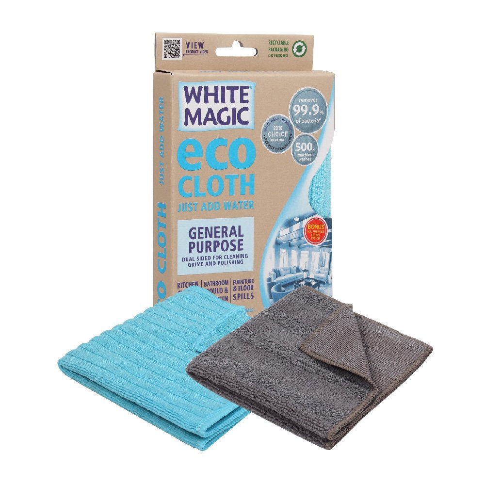White Magic Eco Cloth general purpose pack with a blue and a grey microfibre cloth and their box