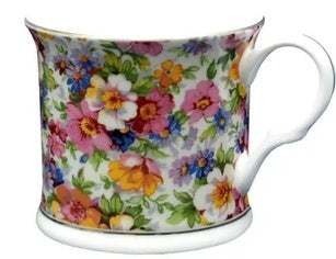 Heritage Palace mug in bone china with a Royal Chintz pattern of pink, yellow and blue flowers