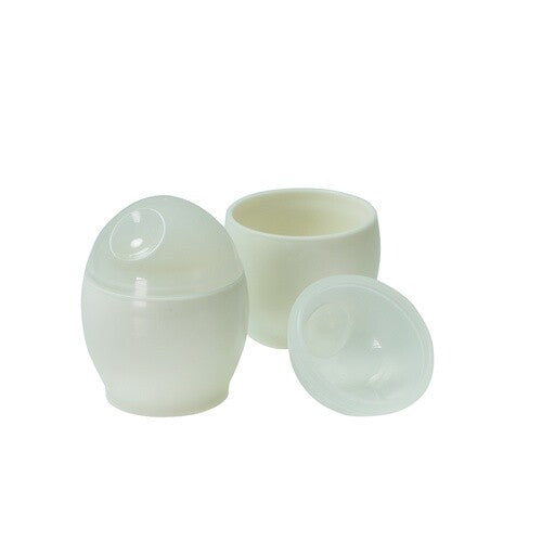 Avanti microwave egg poaching set, two white lidded egg-shaped cookers