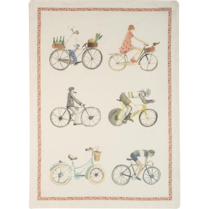 Tessitura Toscana Telerie Bikers linen tea towel with an illustrated cyclist pattern