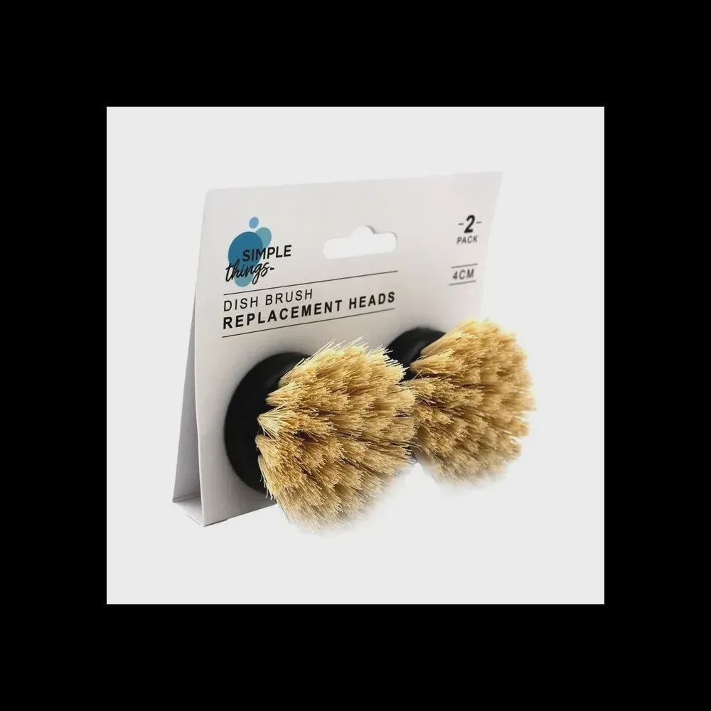 Simple Things dish brush replacement heads, two black screw-in heads with natural bristles, on their card