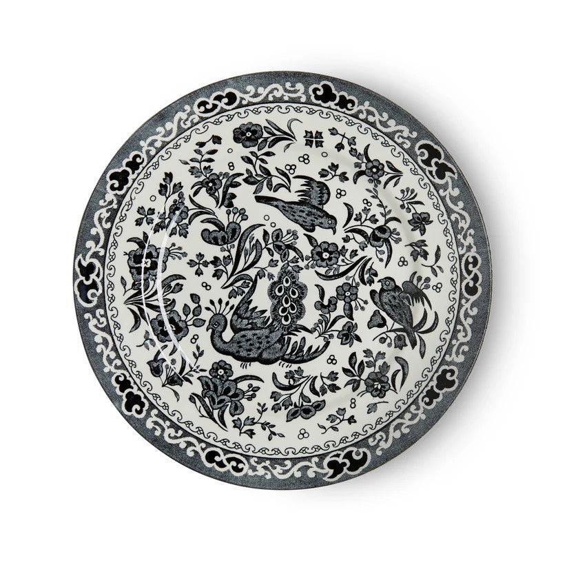 Burleigh Black Regal Peacock plate with a black and white transferware pattern