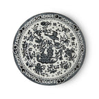 Burleigh Black Regal Peacock plate with a black and white transferware pattern