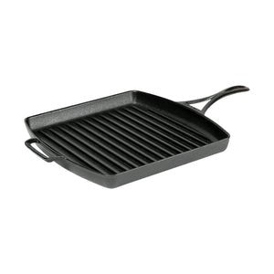 Lodge Blacklock square grill pan in dark grey cast iron with ridged lines