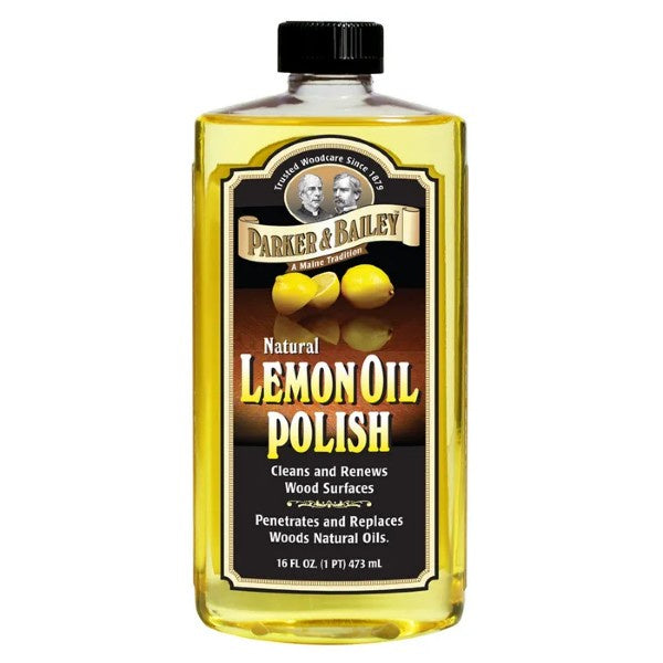 Parker & Bailey Natural Lemon Oil Polish, a 473ml bottle of yellow oil with a black cap and label