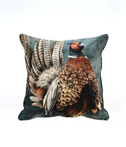 MM Linen Phil the Pheasant cushion with a pheasant print on a grey-green velvet cover