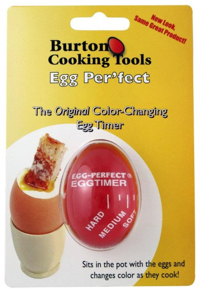Burton EGG-PER'FECT colour changing egg timer, a red egg shaped timer on its yellow retail card