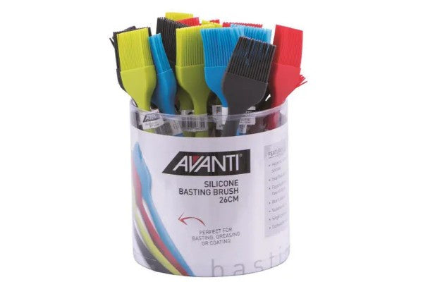 Avanti large silicone basting brushes in assorted colours, shown in their retail display tub
