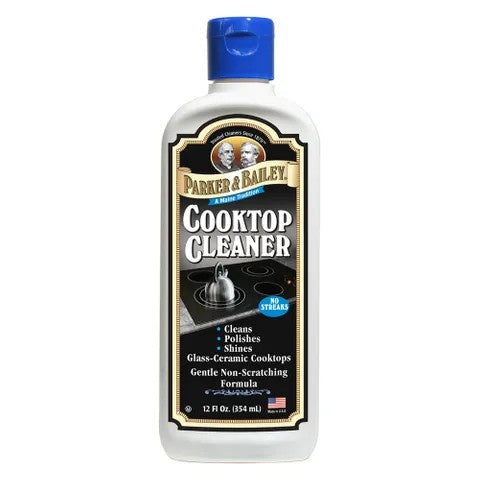 Parker & Bailey Cooktop Cleaner, a white and blue bottle with a black label