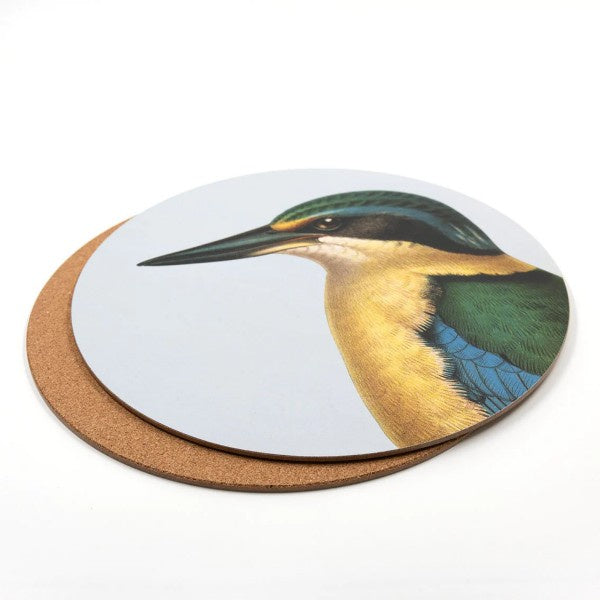 100% NZ Hushed Blue Kingfisher placemat, a round placemat with a close-up painting of a kingfisher head, with a cork back