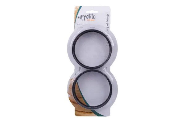 Appetito non-stick egg and crumpet rings set, two black-rimmed metal rings on their retail card