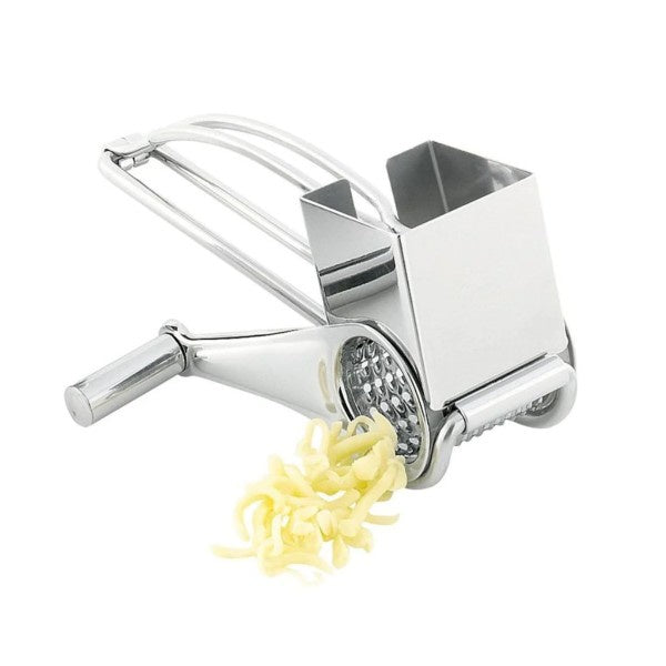 Avanti rotary drum cheese grater in stainless steel with a crank handle and a pile of grated cheese