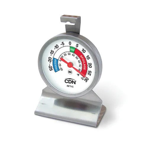 CDN Proaccurate heavy duty fridge and freezer thermometer with a round dial and a steel stand