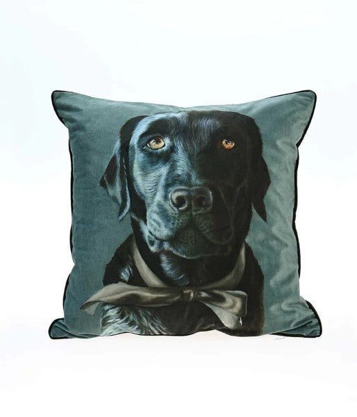 MM Linen Baghie The Lab cushion with a portrait of a black Labrador on dark teal velvet