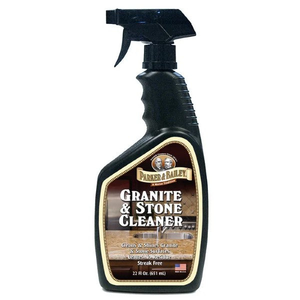 Parker & Bailey Granite & Stone Cleaner, a black trigger spray bottle with a brown label