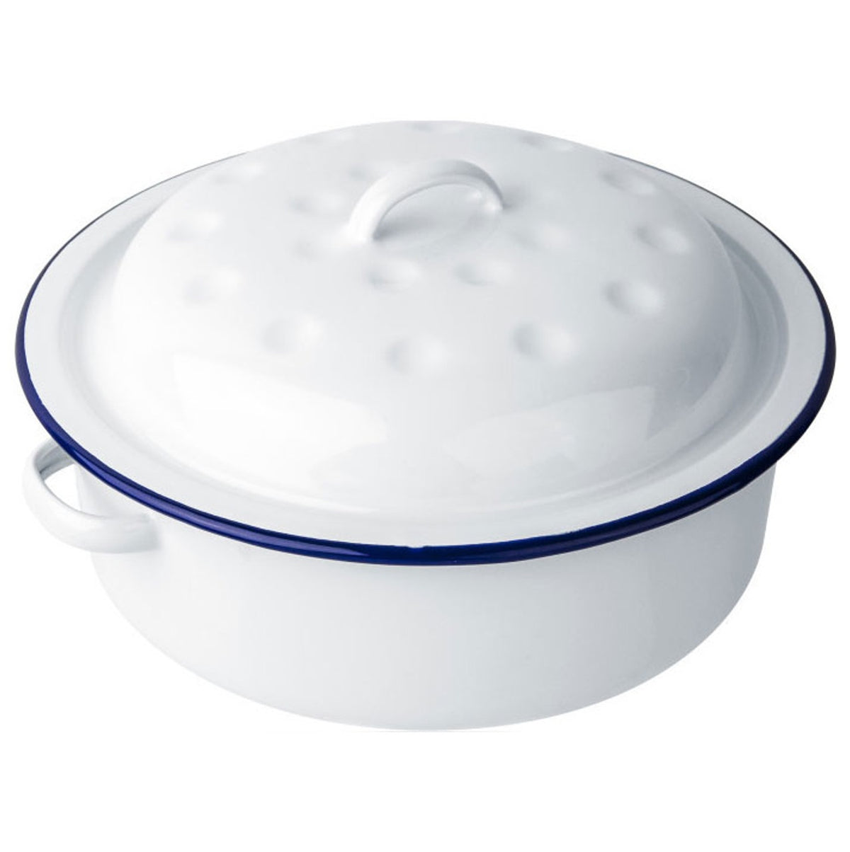 Falcon Enamelware 26cm round roaster in white with a navy rim and a domed lid