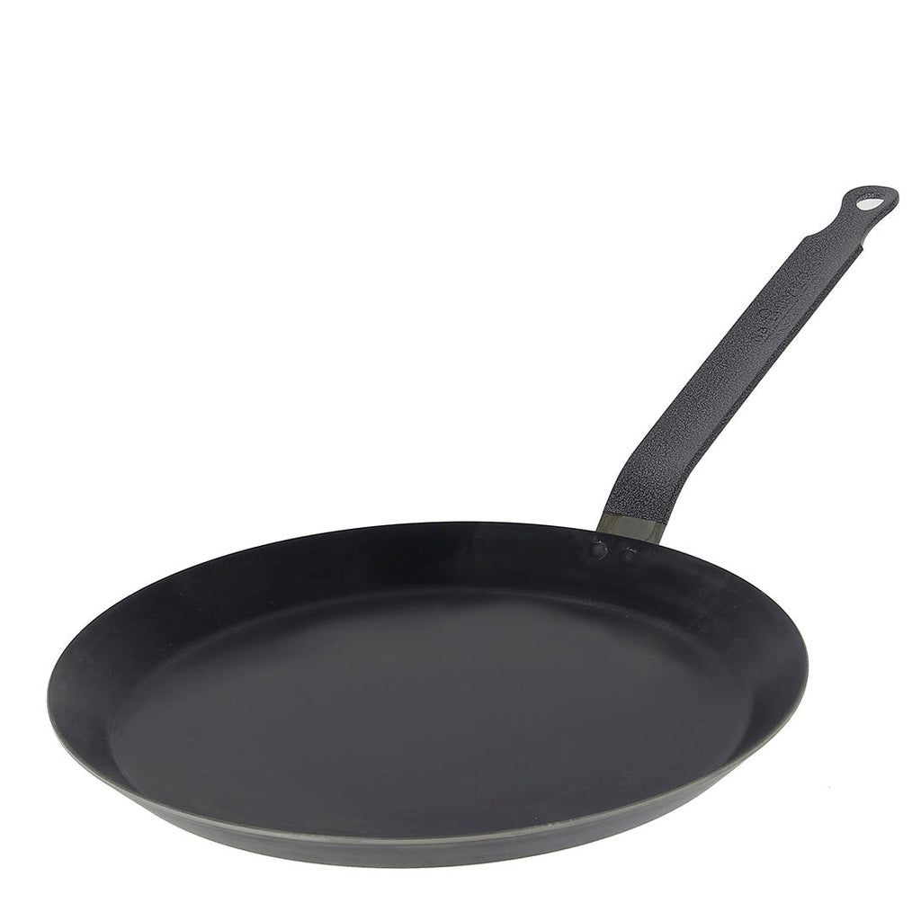 De Buyer blue steel crepe pan with a long handle