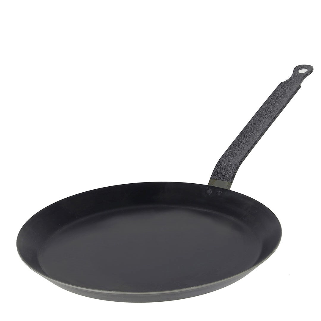 De Buyer blue steel crepe pan with a long handle