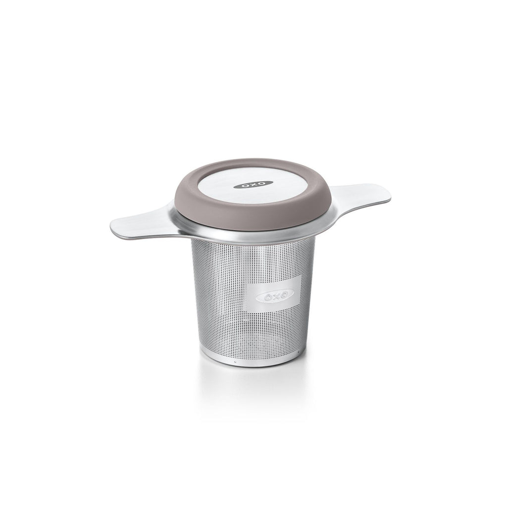 OXO Good Grips tea infuser basket in stainless steel with a taupe lid