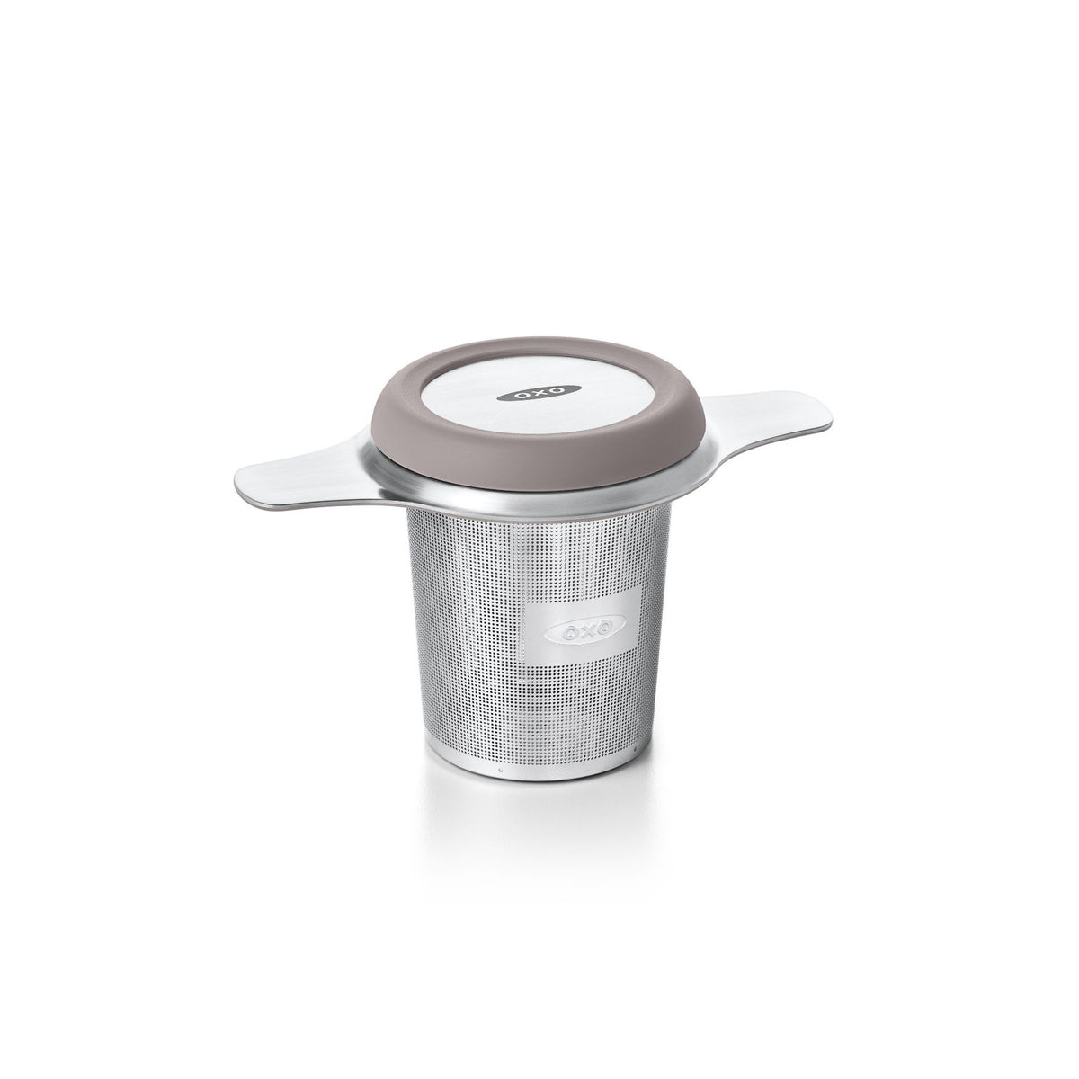OXO Good Grips tea infuser basket in stainless steel with a taupe lid