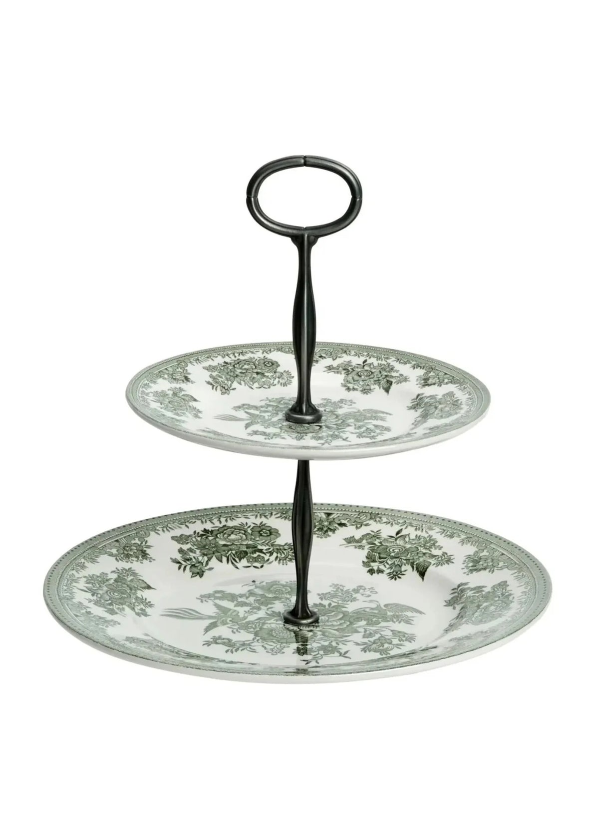Burleigh Green Asiatic Pheasants two tier cake stand with green and white transferware plates
