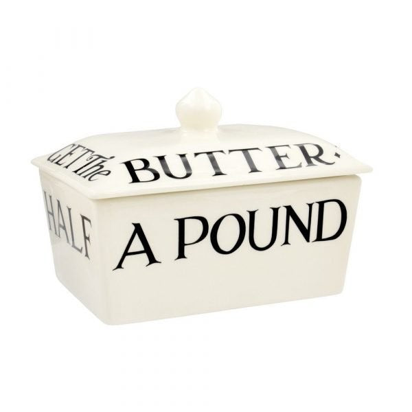 Emma Bridgewater Black Toast butter dish with Get the Butter Half a Pound lettering