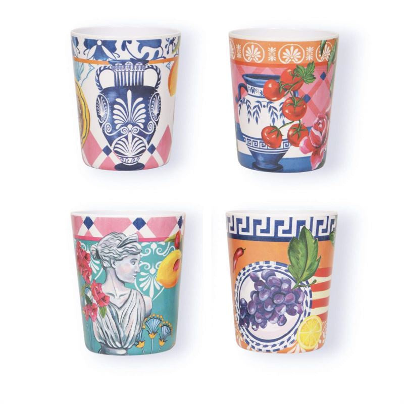 La La Land Mediterranean Summer melamine cups, a set of four with vases, tomatoes, a bust and grapes