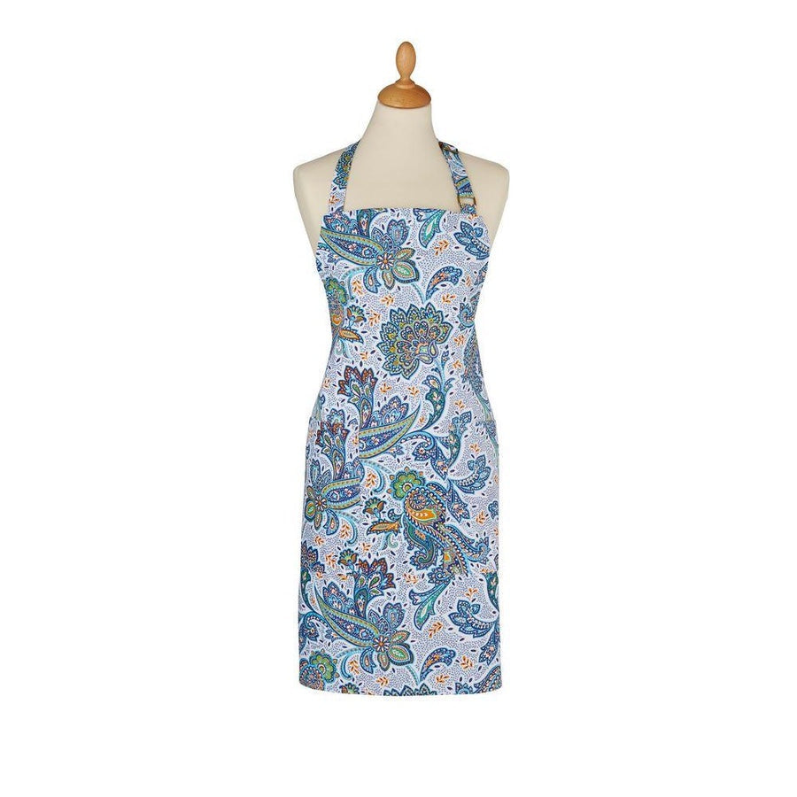 Ulster Weavers cotton apron with an Italian paisley print in blue, shown on a dress form