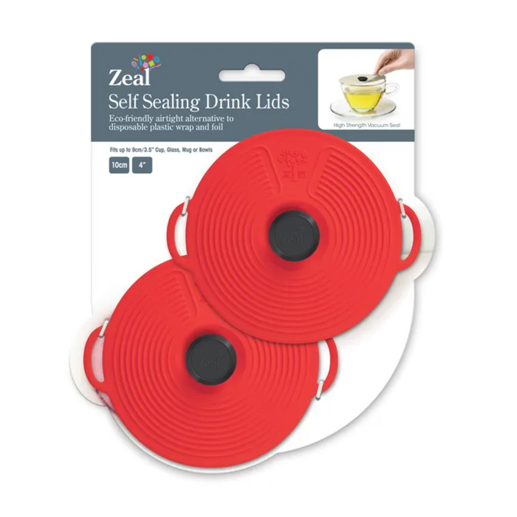 Zeal bright lid set, 10cm, two red self sealing silicone drink lids on their card