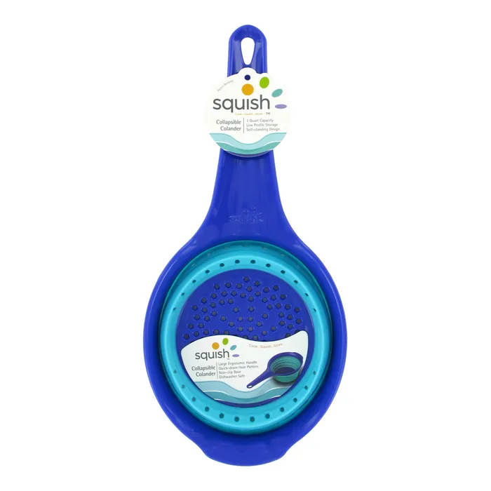 Squish 1 quart collapsible colander in blue and teal, shown on its retail card