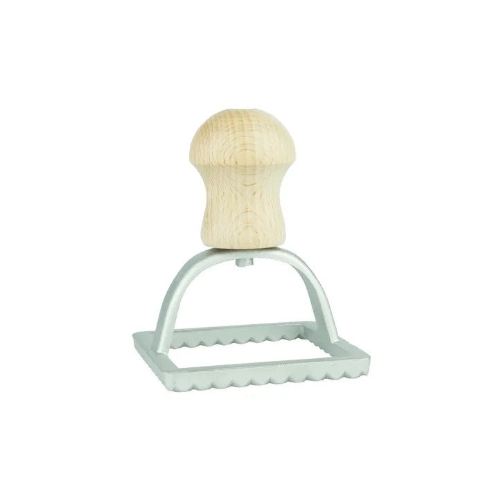 Eppicotispai square ravioli cutter, 70x70mm, with a wooden knob handle and an aluminium fluted frame
