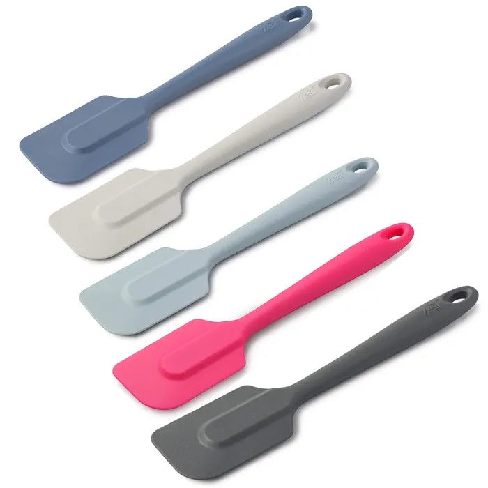 Zeal silicone spatulas in five colours, blue, cream, light blue, pink and dark grey